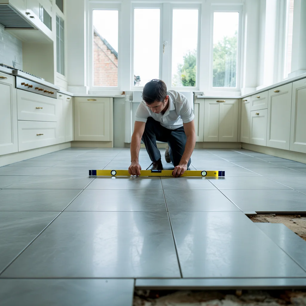 A tiler levelling large grey floor tiles in a Hornchurch kitchen