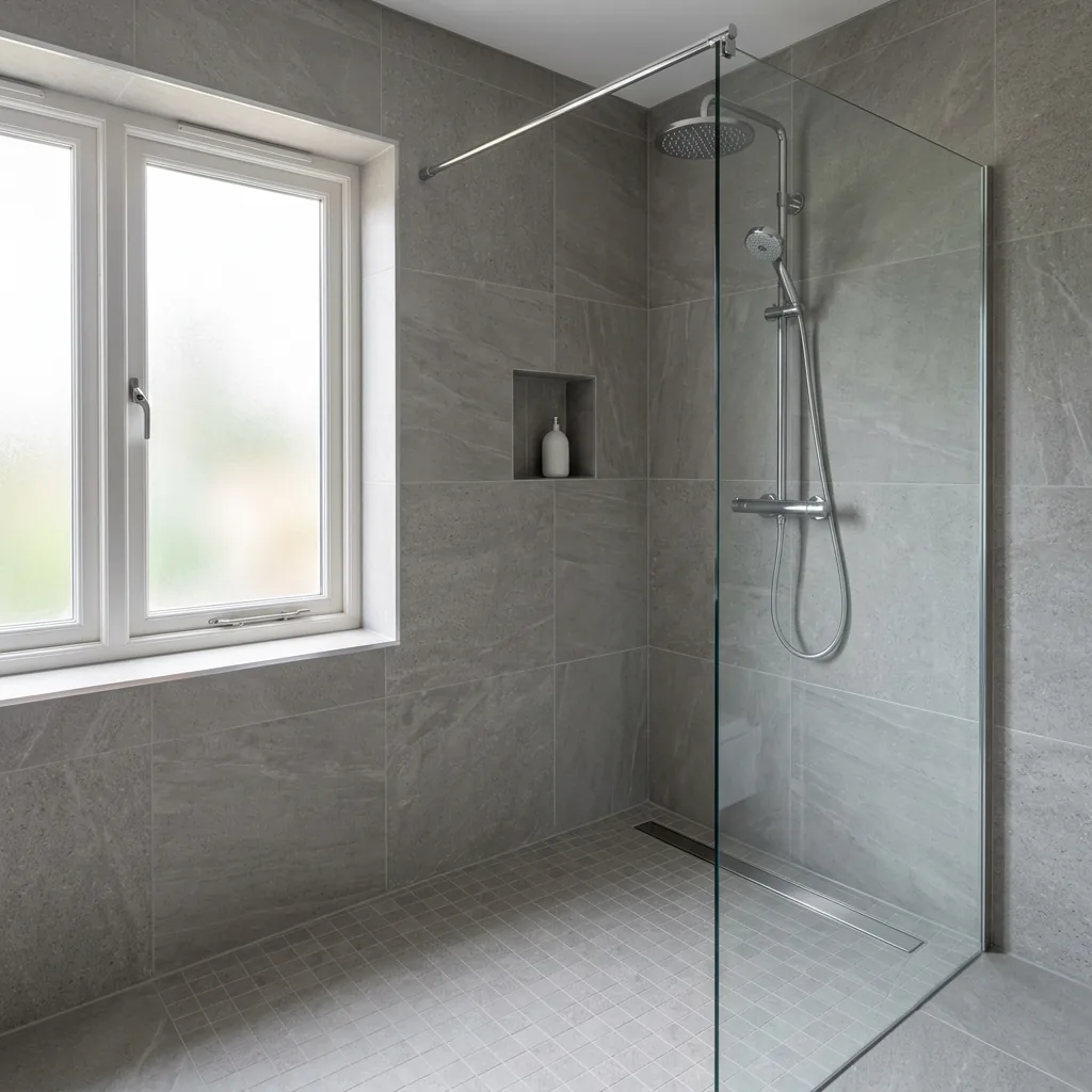 A finished wet room tiled in large grey porcelain in Hornchurch